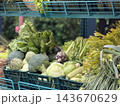 Fresh vegetables arranged in market crates with leafy greens, broccoli, cabbage, and herbs on display Fresh vegetables arranged in market crates with leafy greens, broccoli, cabbage, and herbs on display 143670629