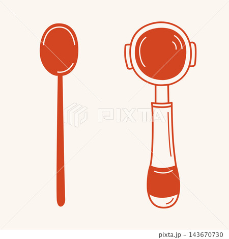 Espresso portafilter and coffee measuring spoon hand-drawn illustrations in cozy line art style for cafe or coffee shop branding, packaging, menu Espresso portafilter and coffee measuring spoon hand-drawn illustrations in cozy line art style for cafe or coffee shop branding, packaging, menu 143670730