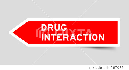 Red color arrow shape sticker label with word drug interaction on gray background Red color arrow shape sticker label with word drug interaction on gray background 143670834
