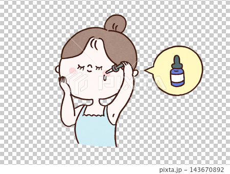 スポイトで肌に直接美容液を垂らしてお手入れをする女性(スキンケア) スポイトで肌に直接美容液を垂らしてお手入れをする女性(スキンケア) 143670892