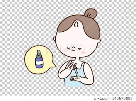 A woman uses a dropper to dispense serum into her palm and then applies it to her skin (skincare). 143670899