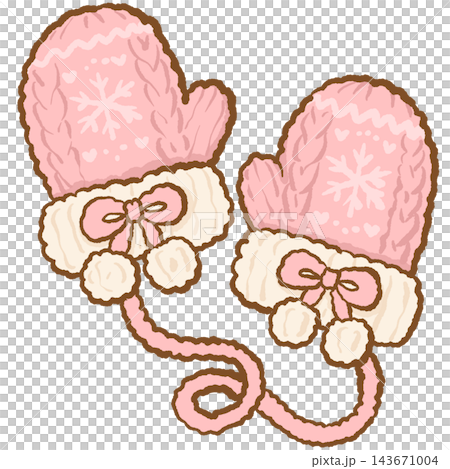 Cozy Pink Knitted Winter Mittens Decorated with White Snowflakes Tiny Hearts Fluffy Cream Cuffs and Little Pink Bows Connected by a Soft Pink String Cute Girly Winter Accessories Illustration Cozy Pink Knitted Winter Mittens Decorated with White Snowflakes Tiny Hearts Fluffy Cream Cuffs and Little Pink Bows Connected by a Soft Pink String Cute Girly Winter Accessories Illustration 143671004