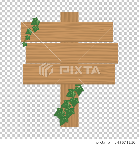 An illustration of a wooden signpost with three wooden planks adorned with ivy leaves. 143671110