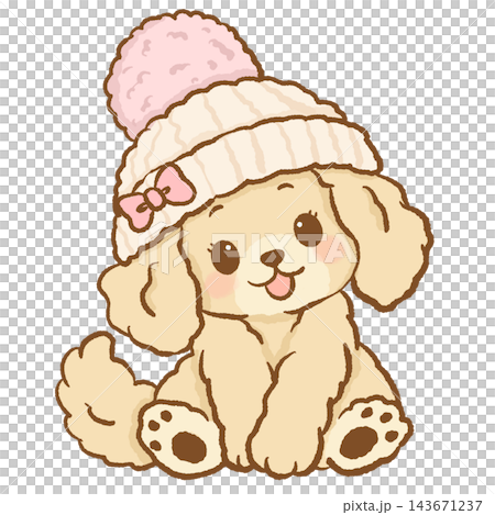 Adorable Chibi Golden Retriever Puppy Girl Wearing a Cozy Cream Knitted Winter Beanie with a Fluffy Pink Pom Pom and Sweet Pink Bow Cute Kawaii Winter Dog Illustration Adorable Chibi Golden Retriever Puppy Girl Wearing a Cozy Cream Knitted Winter Beanie with a Fluffy Pink Pom Pom and Sweet Pink Bow Cute Kawaii Winter Dog Illustration 143671237