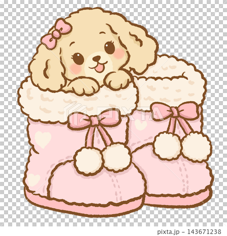 Cute Chibi Golden Retriever Puppy Girl Peeking Out of Oversized Pastel Pink Winter Boots with Fluffy Cream Fur Trim and Pretty Pink Bows Adorable Cozy Winter Puppy Illustration Cute Chibi Golden Retriever Puppy Girl Peeking Out of Oversized Pastel Pink Winter Boots with Fluffy Cream Fur Trim and Pretty Pink Bows Adorable Cozy Winter Puppy Illustration 143671238