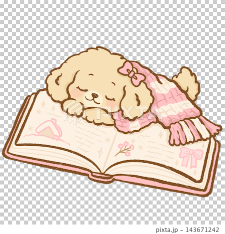 Adorable Chibi Golden Retriever Puppy Girl Sleeping on an Open Storybook Wearing a Cozy Pink Knitted Winter Scarf with a Sweet Bow Cute Kawaii Bedtime Puppy Illustration Adorable Chibi Golden Retriever Puppy Girl Sleeping on an Open Storybook Wearing a Cozy Pink Knitted Winter Scarf with a Sweet Bow Cute Kawaii Bedtime Puppy Illustration 143671242