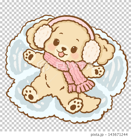 Sweet Chibi Golden Retriever Puppy Girl Making a Snow Angel Wearing Fluffy Cream Earmuffs and a Pink Knitted Scarf Cute Kawaii Winter Puppy Illustration Sweet Chibi Golden Retriever Puppy Girl Making a Snow Angel Wearing Fluffy Cream Earmuffs and a Pink Knitted Scarf Cute Kawaii Winter Puppy Illustration 143671244