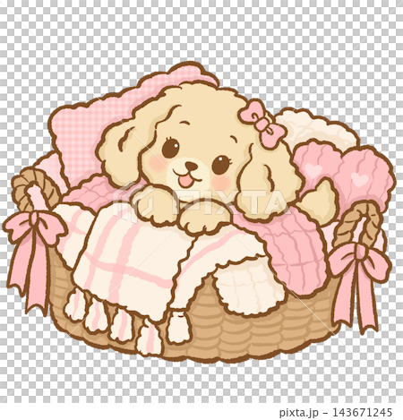 Adorable Chibi Golden Retriever Puppy Girl Snuggling Inside a Cozy Wicker Basket Filled with Pink and Cream Knitted Blankets and Pretty Ribbon Bows Cute Winter Dog Illustration Adorable Chibi Golden Retriever Puppy Girl Snuggling Inside a Cozy Wicker Basket Filled with Pink and Cream Knitted Blankets and Pretty Ribbon Bows Cute Winter Dog Illustration 143671245