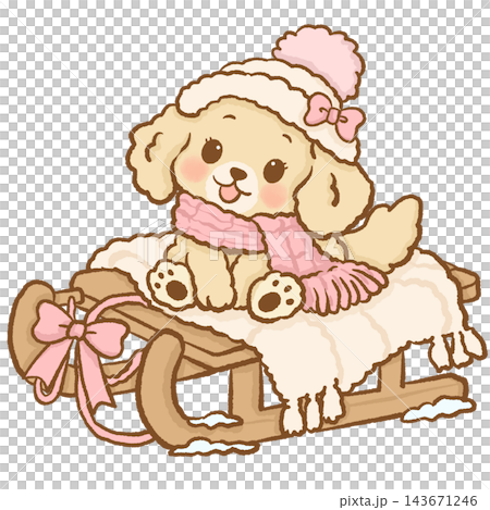 Cute Chibi Golden Retriever Puppy Girl Sitting on a Wooden Winter Sled with a Fluffy Cream Blanket Wearing a Pink Scarf and Pom Pom Hat Adorable Kawaii Puppy Illustration Cute Chibi Golden Retriever Puppy Girl Sitting on a Wooden Winter Sled with a Fluffy Cream Blanket Wearing a Pink Scarf and Pom Pom Hat Adorable Kawaii Puppy Illustration 143671246