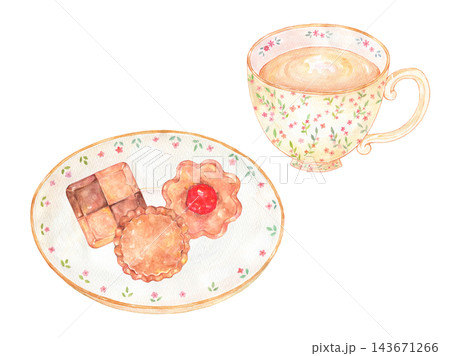 水彩で描いた紅茶とクッキーのセットイラスト 143671266