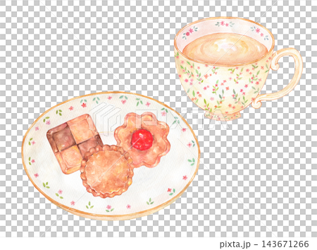 A watercolor illustration of a tea and cookie set. A watercolor illustration of a tea and cookie set. 143671266