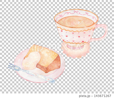 A watercolor painting of a chiffon cake and teacup A watercolor painting of a chiffon cake and teacup 143671267