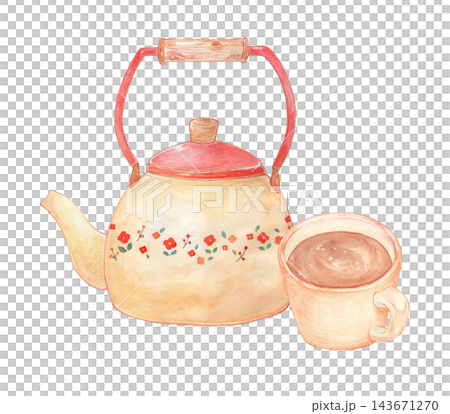 A kettle and cup painted in watercolor. A kettle and cup painted in watercolor. 143671270