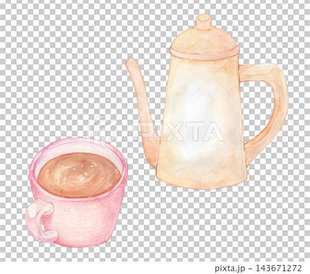 一幅水彩畫的茶壺和茶杯。 一幅水彩畫的茶壺和茶杯。 143671272