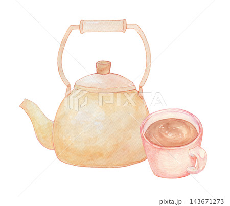 水彩で描いたやかんとコップ 水彩で描いたやかんとコップ 143671273