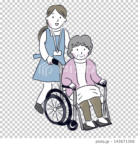 A female caregiver pushes an elderly woman in a wheelchair. A female caregiver pushes an elderly woman in a wheelchair. 143671308