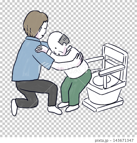 A male caregiver assists an elderly man using the toilet. A male caregiver assists an elderly man using the toilet. 143671347