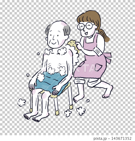 An elderly man having his back washed by a female caregiver in the bath. An elderly man having his back washed by a female caregiver in the bath. 143671352
