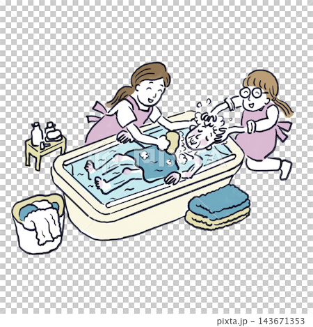 An elderly man is receiving a home bathing service, with two female caregivers helping him with his bath. 143671353