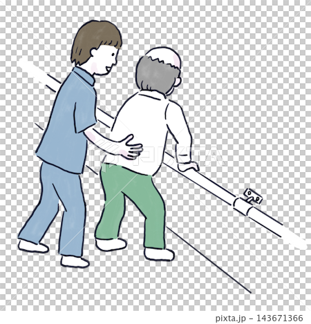 An elderly man undergoing walking rehabilitation with the assistance of a caregiver. An elderly man undergoing walking rehabilitation with the assistance of a caregiver. 143671366