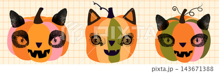 Fun halftone collage cat pumpkins with kitty ears, Funny Halloween elements for posters, cards and invitations Fun halftone collage cat pumpkins with kitty ears, Funny Halloween elements for posters, cards and invitations 143671388
