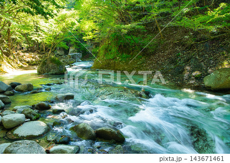 栃木県那須塩原市　塩原温泉に流れる鹿股川 143671461