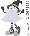 A cute cartoon ghost wearing a black witch hat with an orange band, striped stockings, and oversized sneakers 143671561