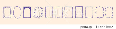 Doodle frame with a cute whimsical border, a purple set of curly, wavy and abstract badge shapes.  143671662