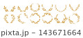 Wreath of floral and leaf branches in a circle, a botanical set of classic gold laurel silhouettes.  143671664