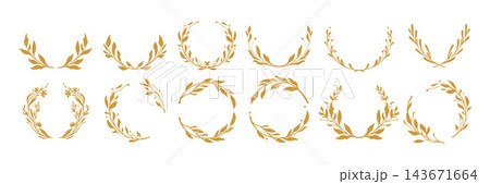 Wreath of floral and leaf branches in a circle, a botanical set of classic gold laurel silhouettes.  143671664