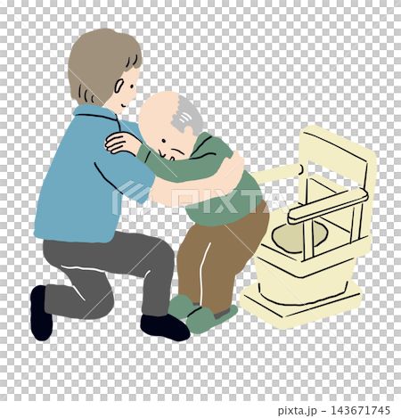 Two male caregivers assist an elderly man using the toilet. 143671745