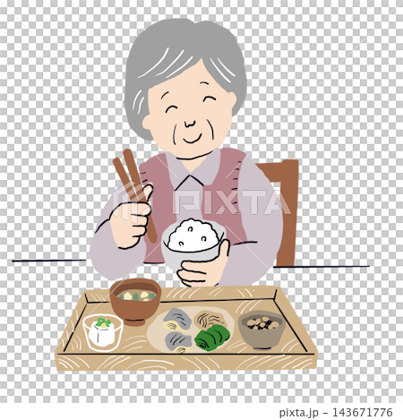 Two elderly women enjoying Japanese food at a day care center. Two elderly women enjoying Japanese food at a day care center. 143671776