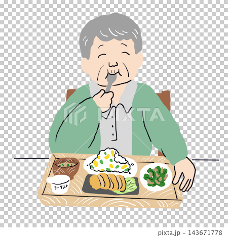 An old man eating a set meal consisting of fried rice, pork cutlet, soup, vegetables, and yogurt. An old man eating a set meal consisting of fried rice, pork cutlet, soup, vegetables, and yogurt. 143671778