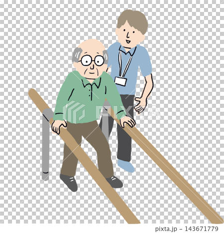 An elderly man undergoing walking rehabilitation and two caregivers assisting him. An elderly man undergoing walking rehabilitation and two caregivers assisting him. 143671779