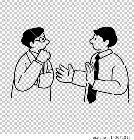 Line drawing illustration of two men having a discussion Line drawing illustration of two men having a discussion 143671815