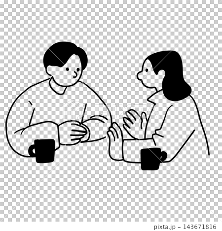 Line art illustration of a man and woman having a conversation Line art illustration of a man and woman having a conversation 143671816