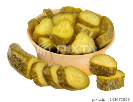 Marinated pickled cucumber in wooden bowl isolated on white background with full depth of field 143672098