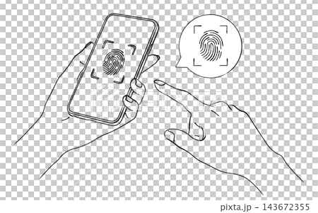 一幅簡單的手繪風格線條藝術插圖,描繪了一隻手在智慧型手機上進行指紋認證(生物識別認證、安全、登入)。 一幅簡單的手繪風格線條藝術插圖,描繪了一隻手在智慧型手機上進行指紋認證(生物識別認證、安全、登入)。 143672355