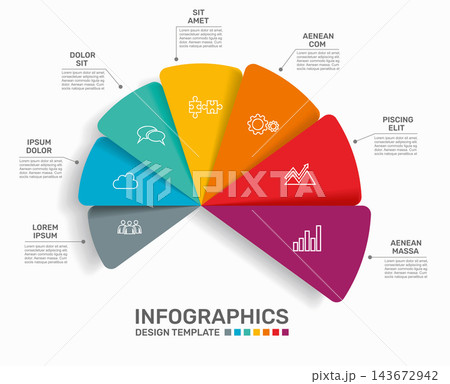 Modern business infographic template with colorful semi-circular options, icons, and text placeholders. Vector illustration. 143672942