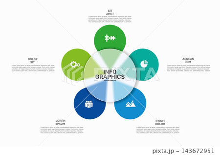 Business infographics design template with colorful circular steps, icons, and central info graphics layout. Vector illustration. 143672951