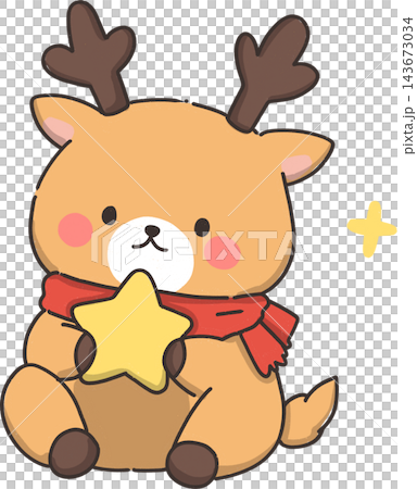 Cute Reindeer Holding a Golden Christmas Star 143673034