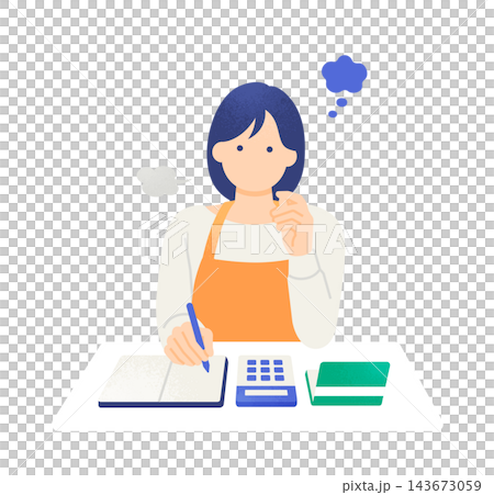 一位家庭主婦一邊嘆氣一邊清點家庭開支。圖中描繪了一位女性上半身正在努力計算生活開支的場景。 一位家庭主婦一邊嘆氣一邊清點家庭開支。圖中描繪了一位女性上半身正在努力計算生活開支的場景。 143673059