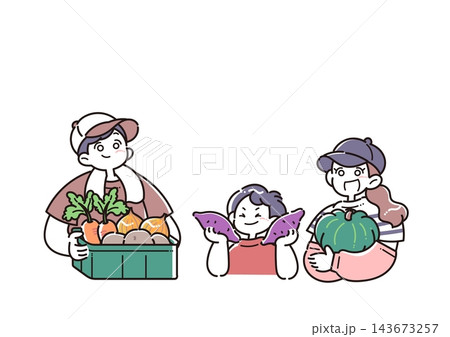 収穫した秋野菜を持った笑顔の親子のイラスト 収穫した秋野菜を持った笑顔の親子のイラスト 143673257