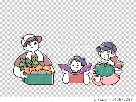 収穫した秋野菜を持った笑顔の親子のイラスト 収穫した秋野菜を持った笑顔の親子のイラスト 143673257