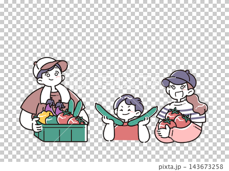 An illustration of a smiling parent and child holding harvested summer vegetables. An illustration of a smiling parent and child holding harvested summer vegetables. 143673258