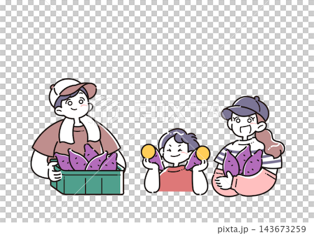 An illustration of a smiling parent and child holding harvested sweet potatoes. An illustration of a smiling parent and child holding harvested sweet potatoes. 143673259