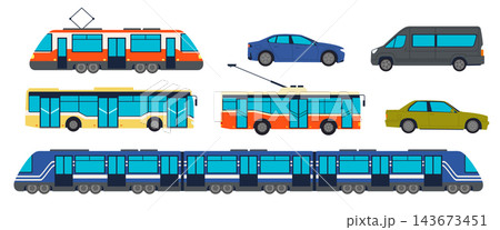 Urban transport. City transportation logistics. Movement of trolleybus, tram, bus. Traffic of train, car. Transit road. Vehicle infrastructure. Modern public passenger. Vector cartoon flat style set Urban transport. City transportation logistics. Movement of trolleybus, tram, bus. Traffic of train, car. Transit road. Vehicle infrastructure. Modern public passenger. Vector cartoon flat style set 143673451