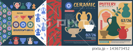 Pottery vase poster. Ceramic shapes. Modern clay decoration jug. Handmade workshop texture urn. Craft home object pot. Vintage shape. Colorful studio, traditional floral ornament vector garish pattern Pottery vase poster. Ceramic shapes. Modern clay decoration jug. Handmade workshop texture urn. Craft home object pot. Vintage shape. Colorful studio, traditional floral ornament vector garish pattern 143673452