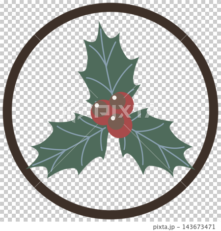 Colorful holly icon illustration enclosed in a circle / Circular frame material with green leaves and red berries Colorful holly icon illustration enclosed in a circle / Circular frame material with green leaves and red berries 143673471