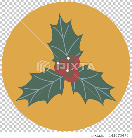 Colorful holly icon illustration with a round background / Christmas material with green leaves and red berries Colorful holly icon illustration with a round background / Christmas material with green leaves and red berries 143673473